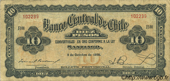 10 Pesos - 1 Condor CILE  1928 P.083b q.BB