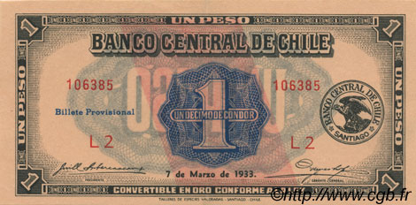 1 Peso - 1/10 Condor CILE  1933 P.088b AU