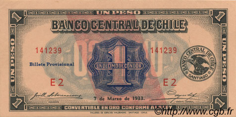 1 Peso - 1/10 Condor CHILE
  1933 P.088b fST