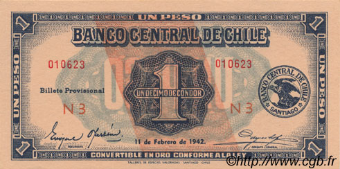 1 Peso - 1/10 Condor CILE  1942 P.089 q.FDC