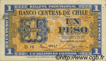 1 Peso - 1/10 Condor CILE  1943 P.090d SPL