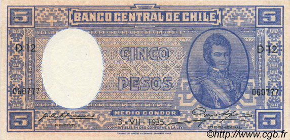 5 Pesos - 1/2 Condor CHILE  1935 P.091c XF+
