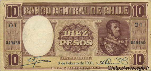10 Pesos - 1 Condor CHILI  1931 P.092a TTB