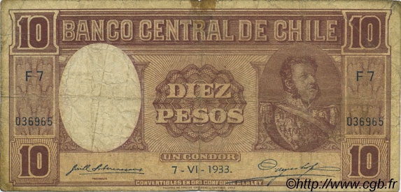 10 Pesos - 1 Condor CILE  1933 P.092c q.MB