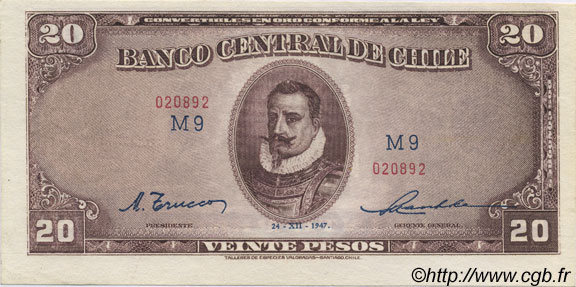 20 Pesos - 2 Condores CHILE
  1947 P.093b SC+