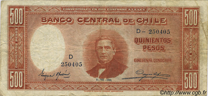 500 Pesos - 50 Condores CHILE  1942 P.098 F