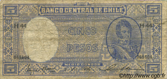 5 Pesos - 1/2 Condor CILE  1946 P.102 MB