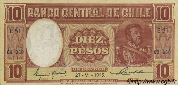 10 Pesos - 1 Condor CILE  1945 P.103 SPL
