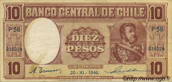 10 Pesos - 1 Condor CHILI  1946 P.103 TTB+