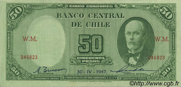 50 Pesos - 5 Condores CHILI  1947 P.104 SUP