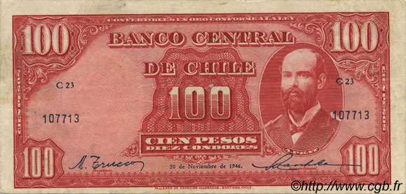 100 Pesos - 10 Condores CILE  1946 P.105 q.SPL