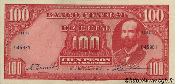 100 Pesos - 10 Condores CHILE  1946 P.105 XF+