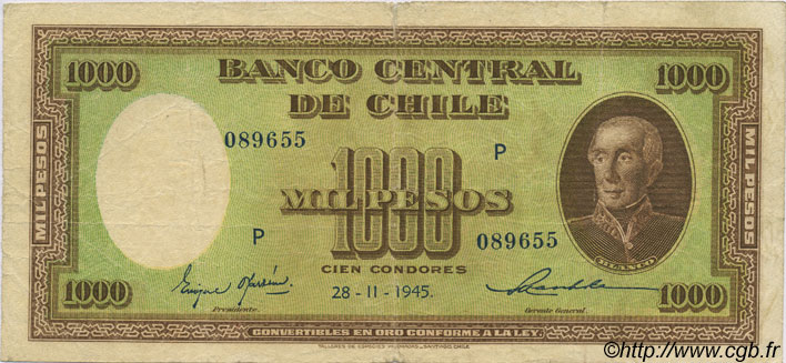 1000 Pesos - 100 Condores CILE  1945 P.107 MB