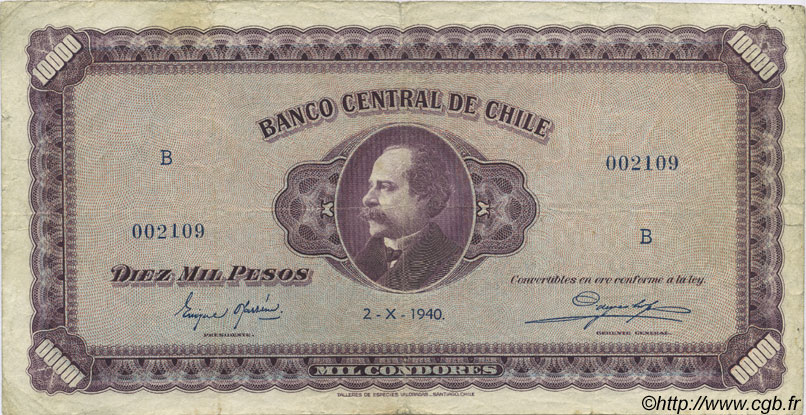 10000 Pesos CHILE
  1940 P.109 BC+