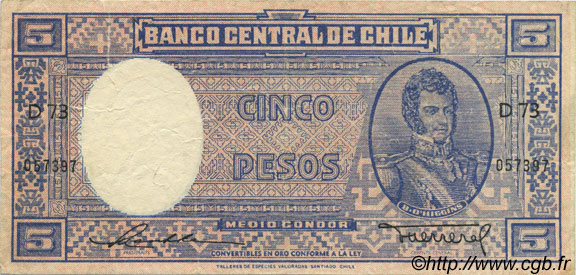 5 Pesos - 1/2 Condor CHILE  1947 P.110 VF+