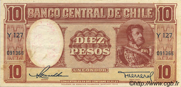 10 Pesos - 1 Condor CHILI  1947 P.111 TTB