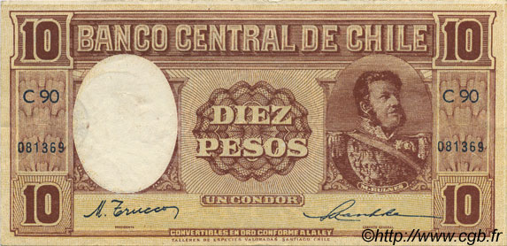 10 Pesos - 1 Condor CHILI  1947 P.111 TTB+