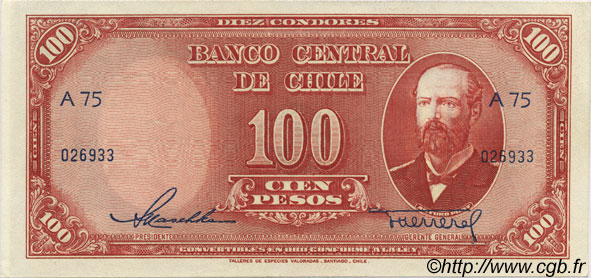 100 Pesos - 10 Condores CHILE  1947 P.113 UNC-