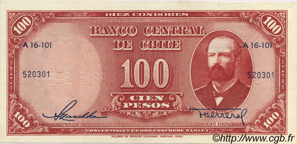 100 Pesos - 10 Condores CHILE  1947 P.114 AU+
