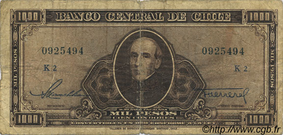 1000 Pesos - 100 Condores CHILI  1947 P.116 B+