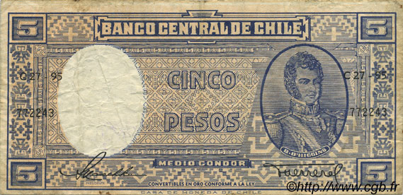 5 Pesos - 1/2 Condor CHILE  1958 P.119 VF