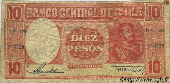10 Pesos - 1 Condor CHILE  1958 P.120 VG