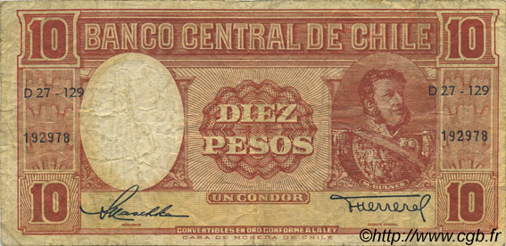 10 Pesos - 1 Condor CHILE
  1958 P.120 BC a MBC