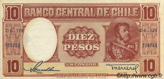 10 Pesos - 1 Condor CILE  1958 P.120 SPL