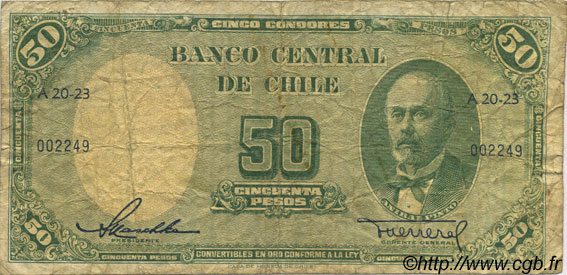 50 Pesos - 5 Condores CHILE
  1958 P.121a fS