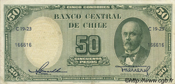 50 Pesos - 5 Condores CHILI  1958 P.121a SUP