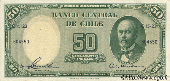 50 Pesos - 5 Condores CILE  1958 P.121b SPL