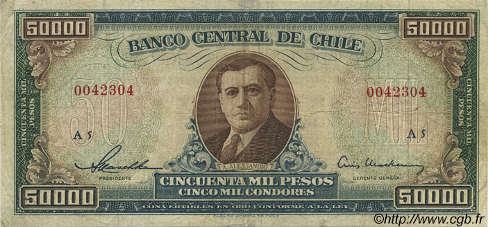 50000 Pesos - 5000 Condores CHILI  1958 P.123 TB+