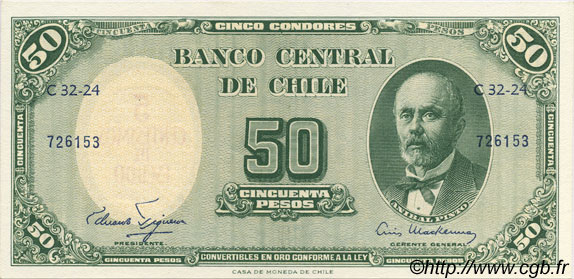5 Centesimos sur 50 Pesos CHILE  1960 P.126a UNC-