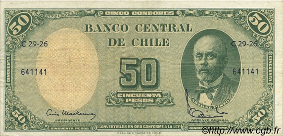 5 Centesimos sur 50 Pesos CHILE  1960 P.126b VF