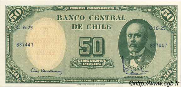 5 Centesimos sur 50 Pesos CHILI  1960 P.126b SPL