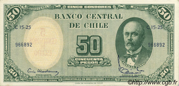 5 Centesimos sur 50 Pesos CHILE  1960 P.126b UNC