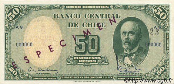 5 Centesimos sur 50 Pesos Spécimen CILE  1960 P.126s FDC