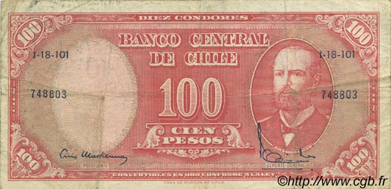10 Centesimos sur 100 Pesos CHILE  1960 P.127 F