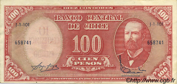 10 Centesimos sur 100 Pesos CHILE
  1960 P.127 MBC