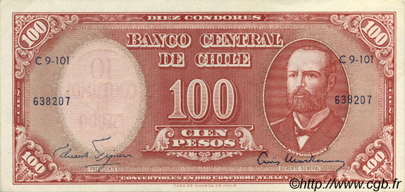 10 Centesimos sur 100 Pesos CILE  1960 P.127 SPL