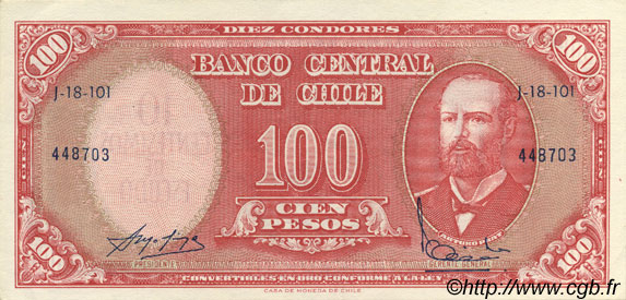 10 Centesimos sur 100 Pesos CHILE  1960 P.127 AU