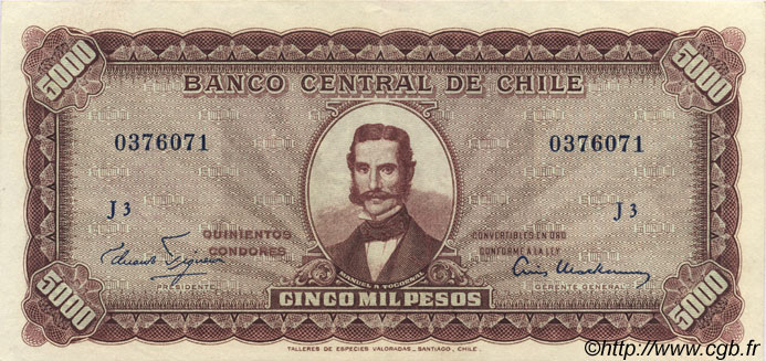5 Escudos sur 5000 Pesos CHILE  1960 P.130 XF