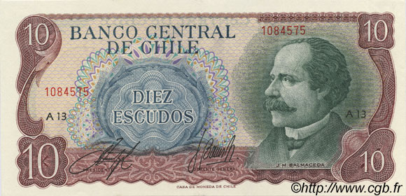10 Escudos CHILE  1970 P.142 AU