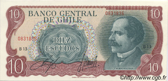 10 Escudos CHILE  1970 P.142Aa AU