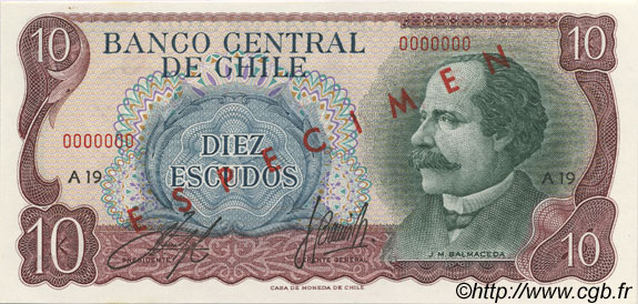 10 Escudos Spécimen CHILE  1970 P.142s UNC