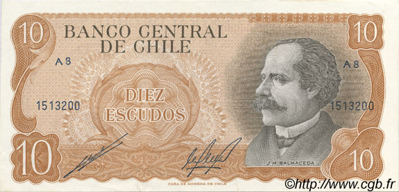 10 Escudos CHILE  1970 P.143 AU