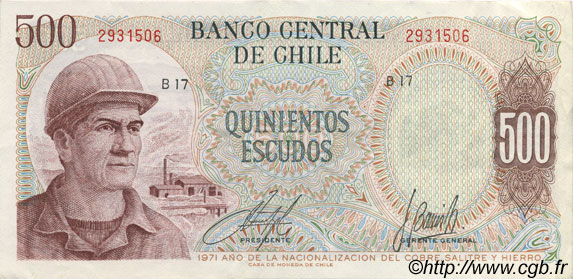 500 Escudos CHILI  1971 P.145 SUP