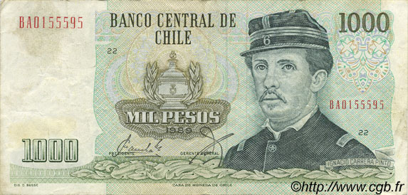 1000 Pesos CHILE  1989 P.154c VF-