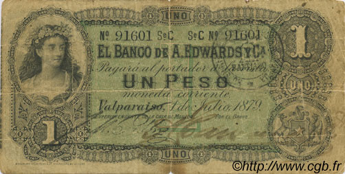 1 Peso CHILE  1879 PS.237 VG