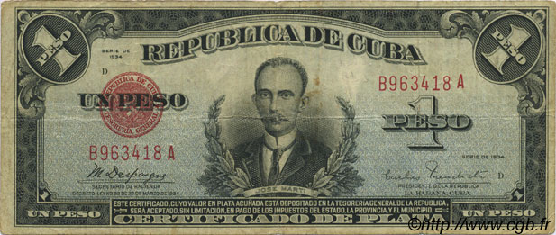 1 Peso CUBA  1934 P.069a BC